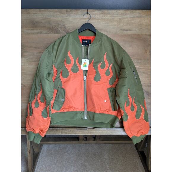 Teddy Fresh Flames Bomber Jacket Womens Medium Green Water Resistant Zip-Up NWT - Picture 1 of 5
